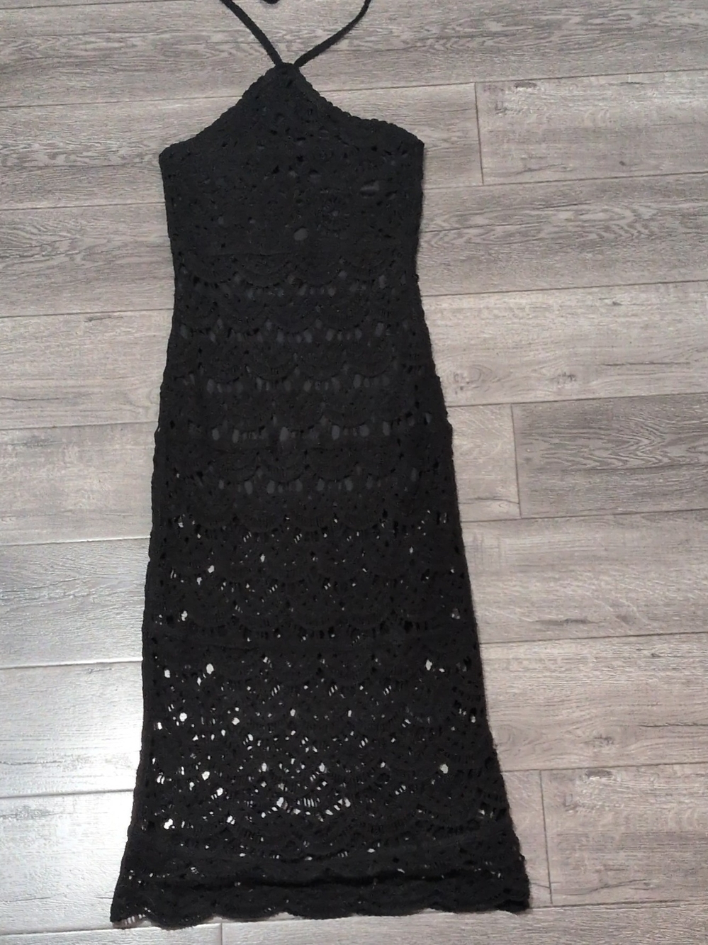 Women Black Crochet Lace Halter Dress Scalloped Boho Maxi Small S